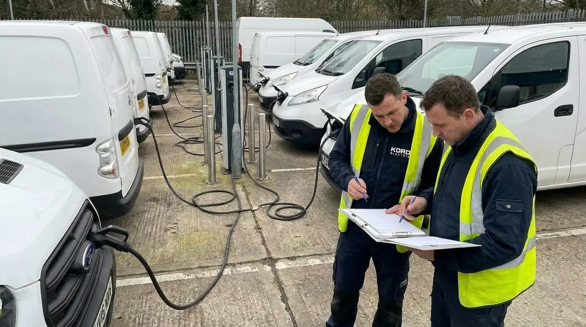 Technicians planning scalable EV charging infrastructure for fleet management