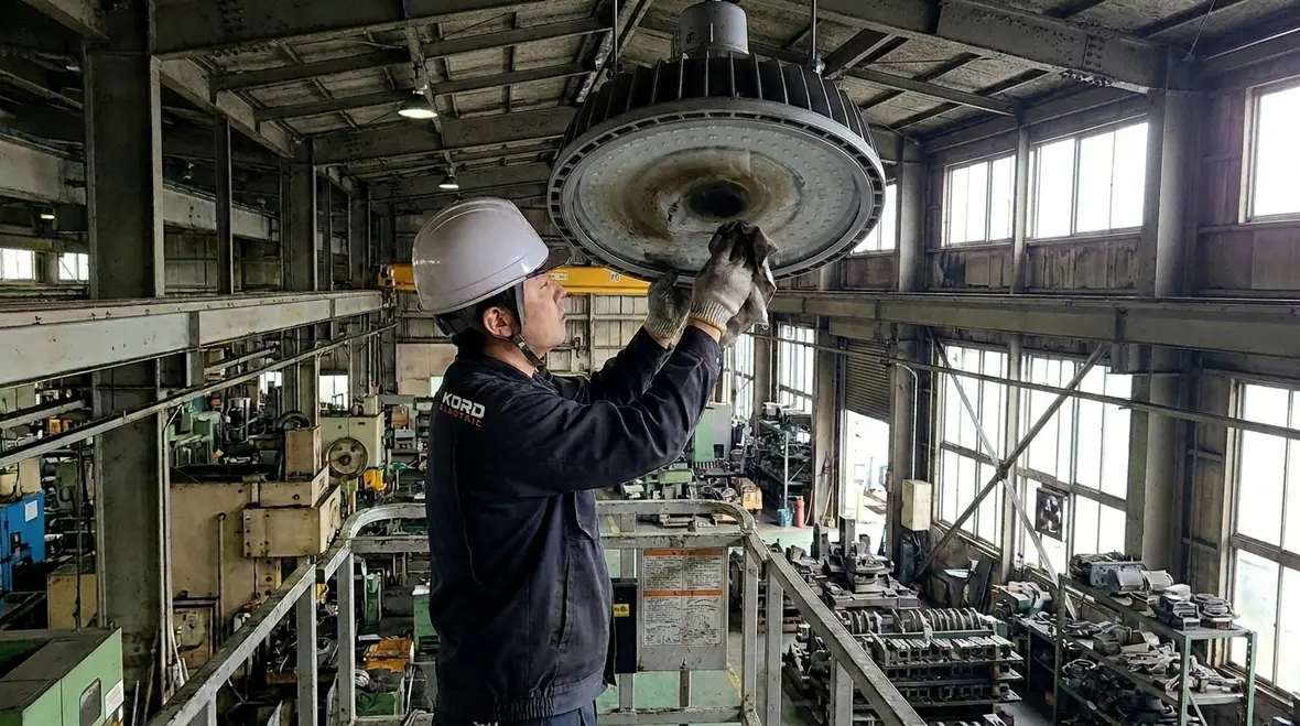 Kord Electric technician inspecting commercial lighting controls and fixtures