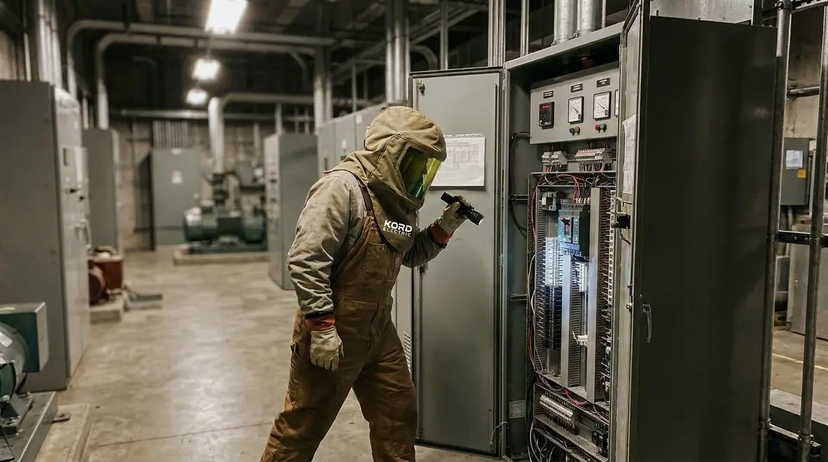 Technician configuring industrial electrical protection and arc flash coordination