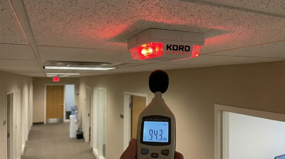 Close view of fire alarm notification circuits during NFPA 72 signal testing