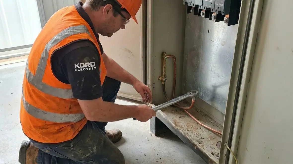 Technician inspecting grounding and bonding connections in a commercial electrical panel
