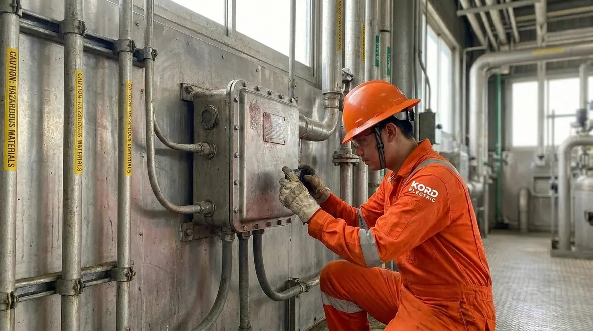 Technician reviewing hazardous location electrical requirements inside a commercial facility