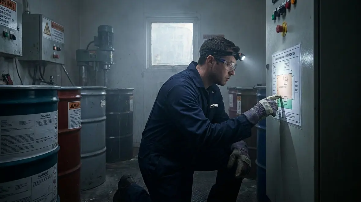 Technician reviewing hazardous location wiring requirements in an industrial facility