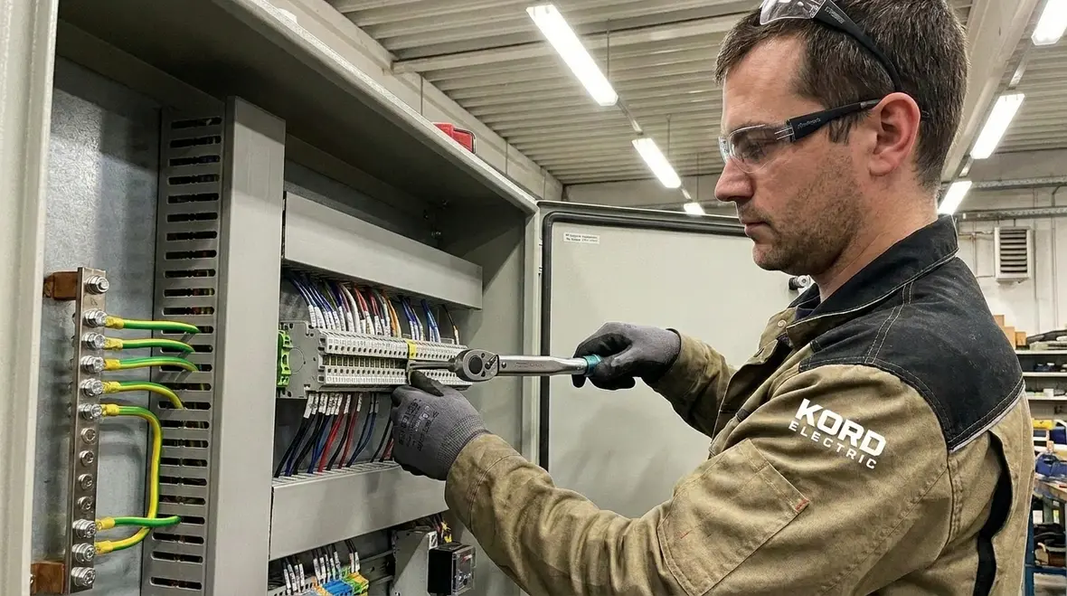 Industrial automation electrical support technician inspecting control panel