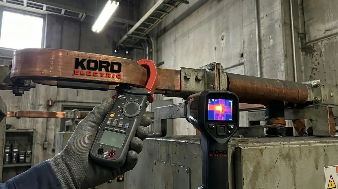 Engineer using metering and thermal imaging to check load balance and harmonics