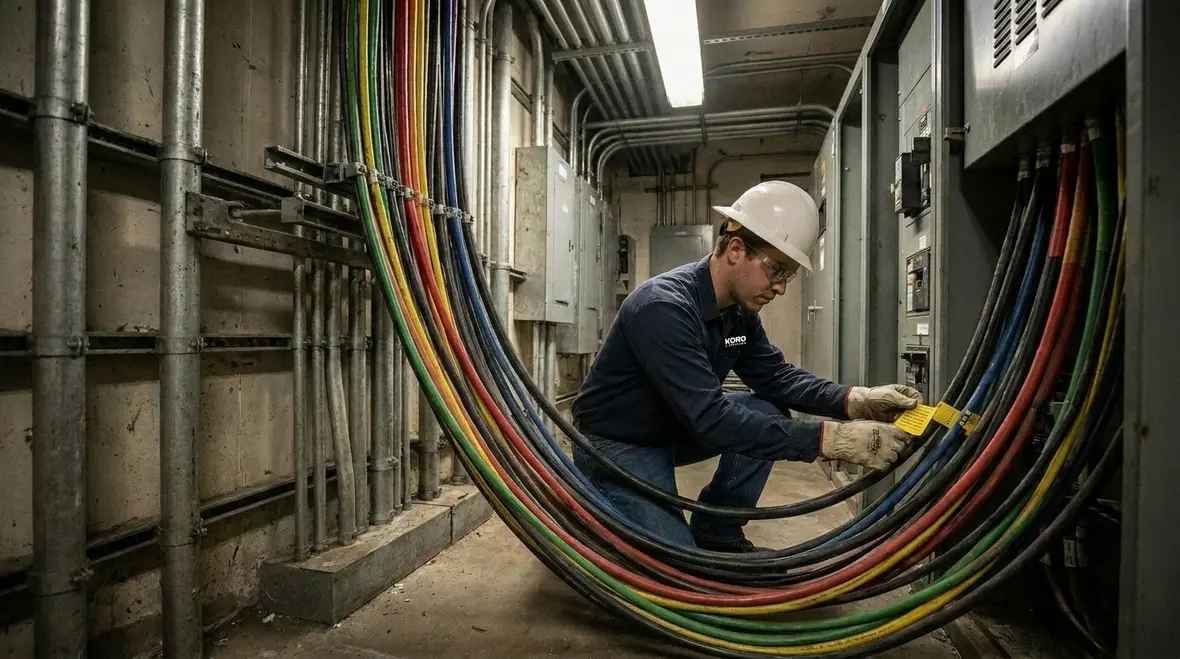 Technician balancing electrical loads across industrial panels and feeders