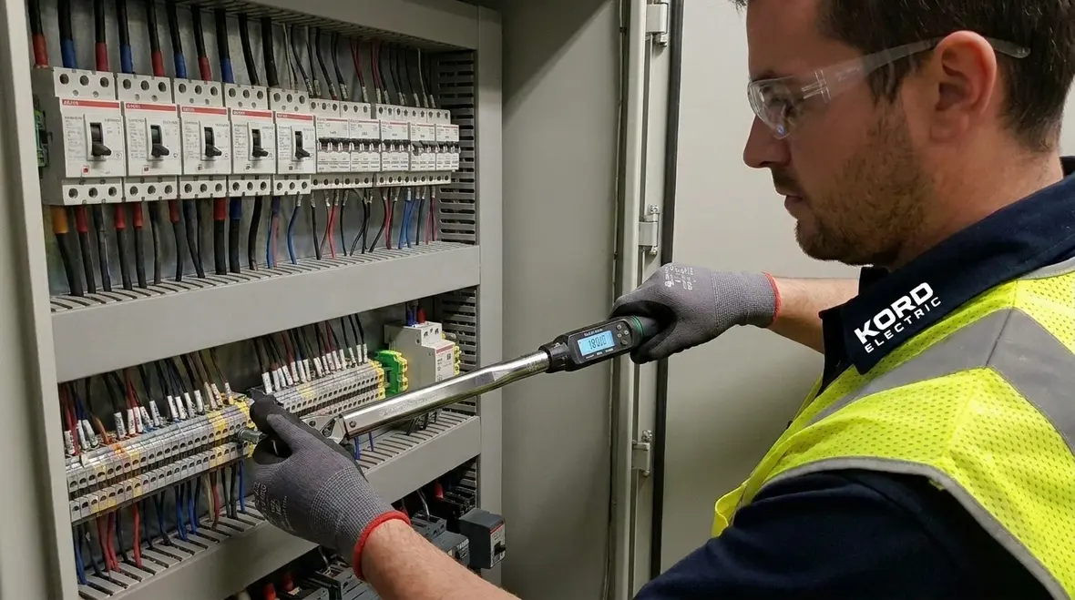 Technician performing a detailed industrial electrical panel maintenance inspection