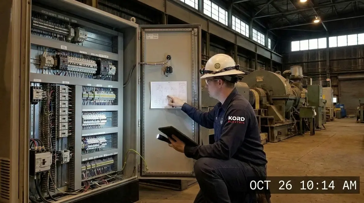 Technician performing industrial electrical panel safety checks in a commercial facility