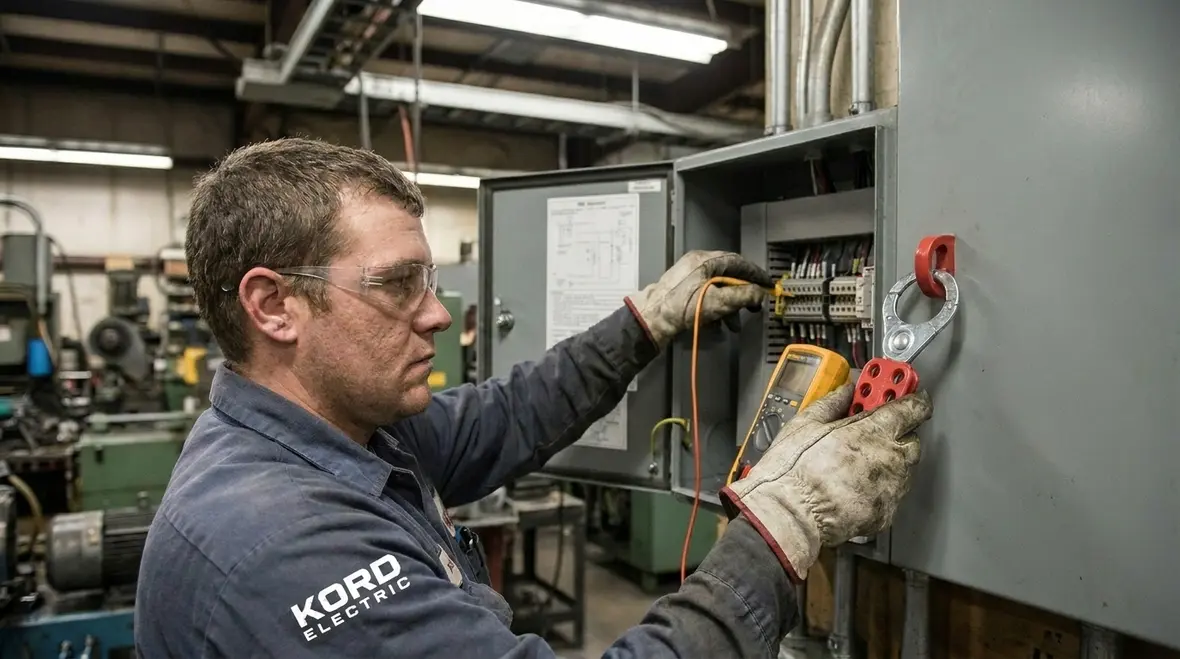 Lockout tagout and voltage test procedures at an industrial electrical panel