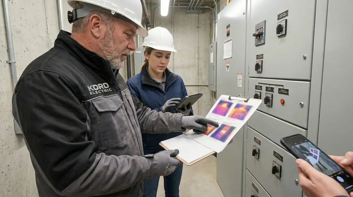 Close-up of industrial electrical panel during thermal imaging inspection