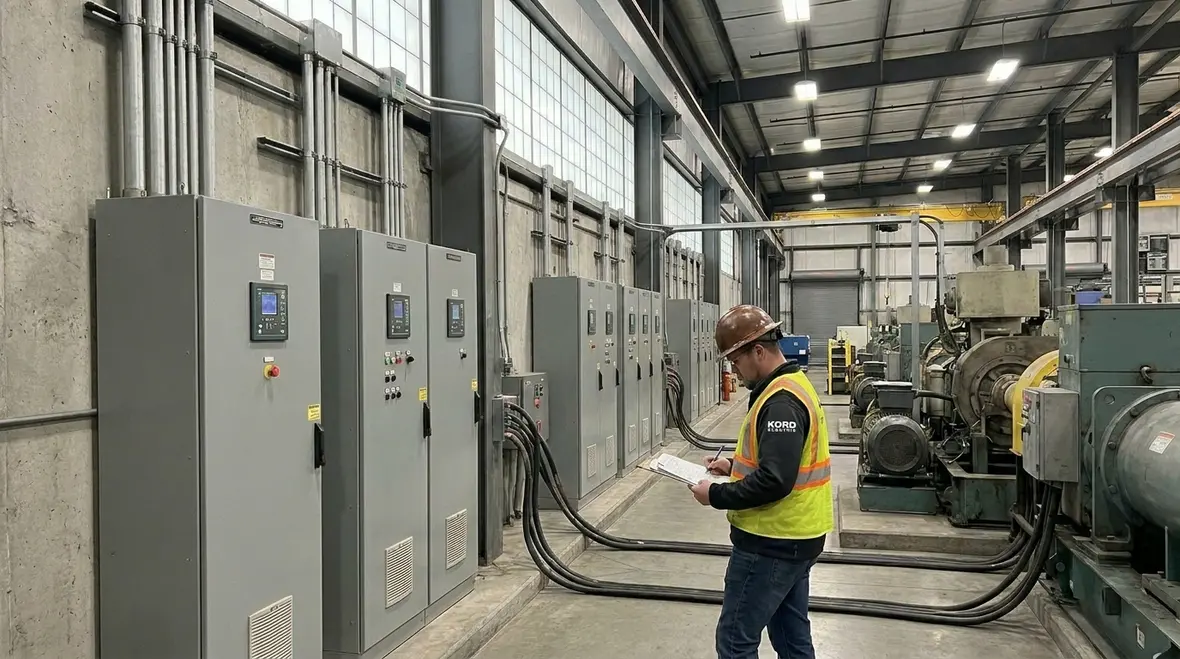 Inspector checking industrial electrical panel components for safety issues