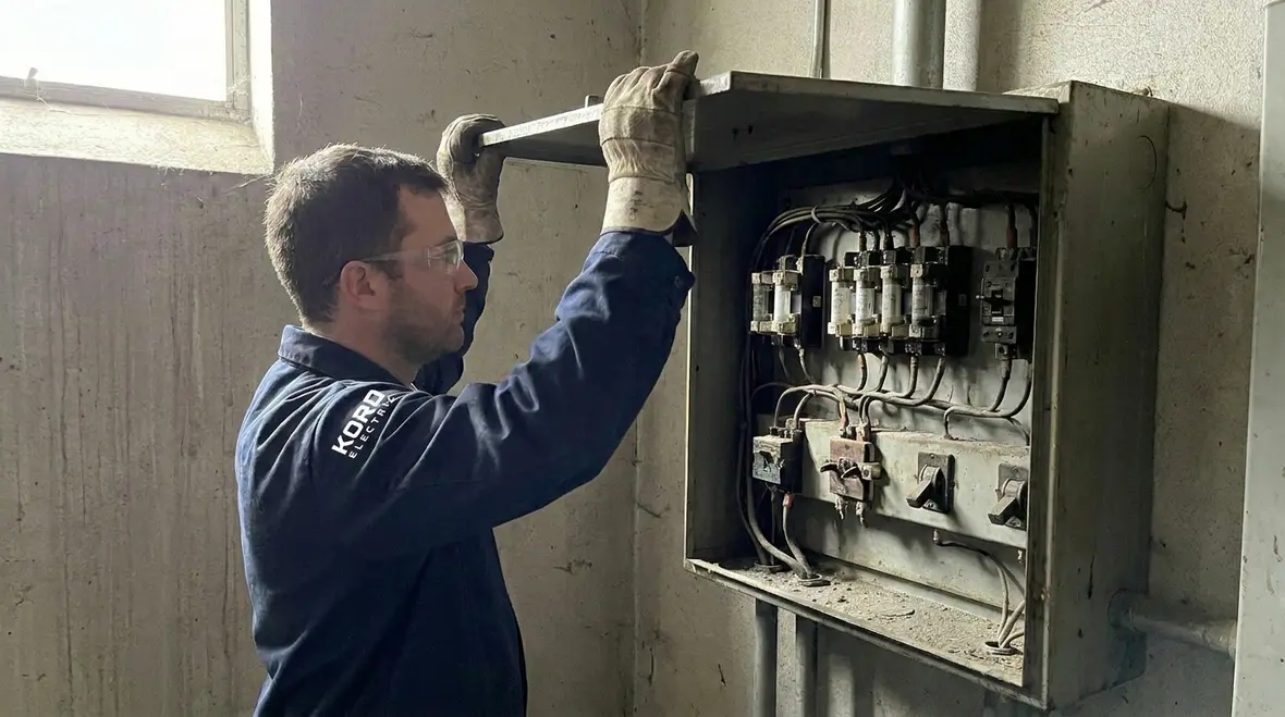 Technician reviewing an industrial electrical panel during an upgrade assessment