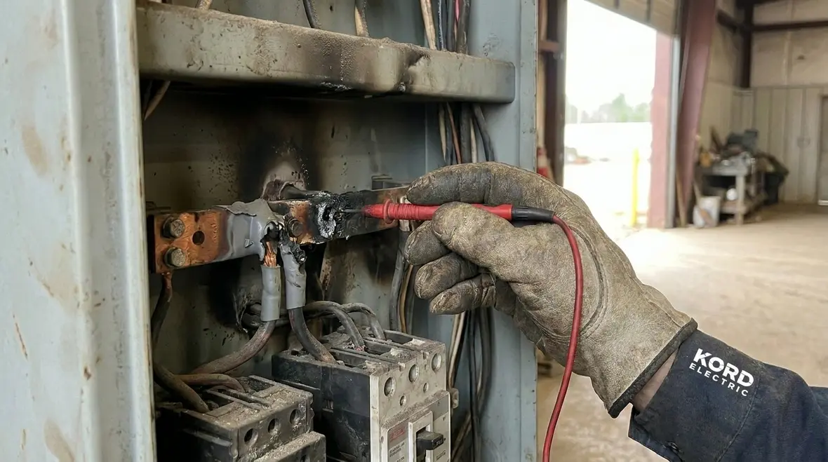 Technician inspecting an industrial electrical panel upgrade in a commercial facility