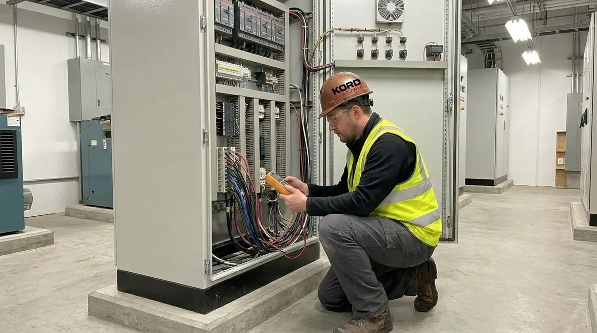 Technician performing an industrial electrical safety audit inside an equipment room