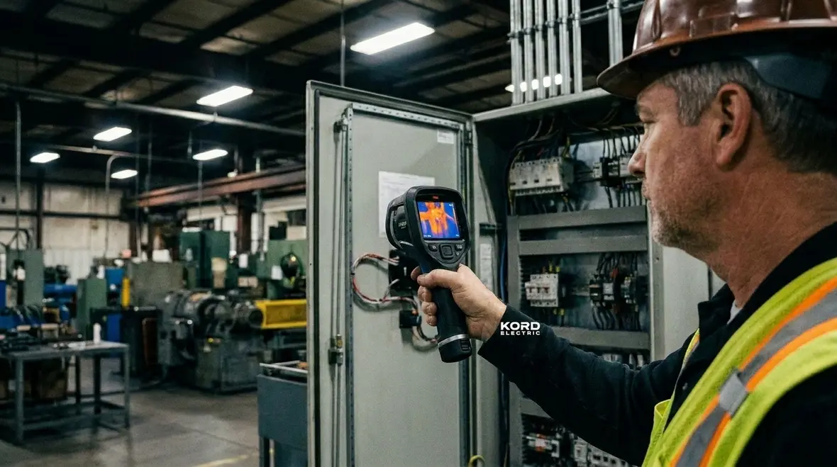 Technician performing an industrial electrical safety audit inside a commercial electrical room