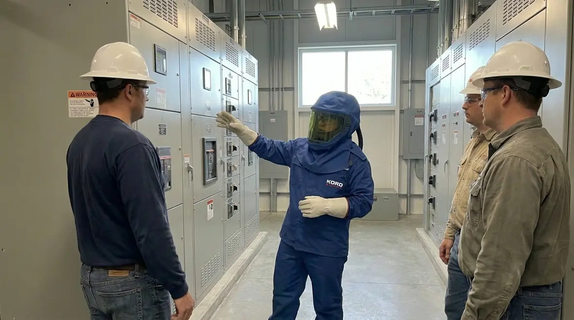 Technician reviewing industrial electrical system arc flash protection settings inside a commercial facility