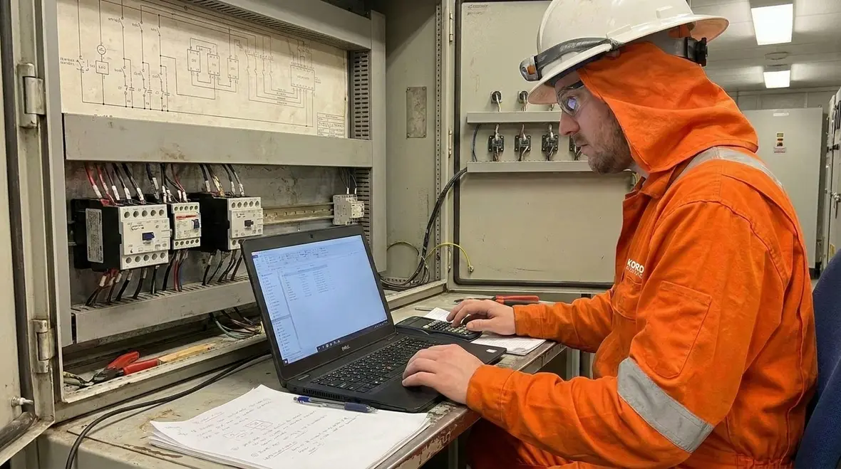Engineer updating one line diagrams and arc flash labels for industrial electrical equipment