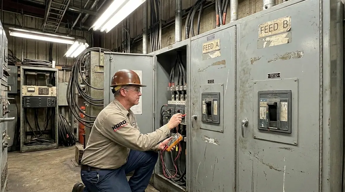 Technician inspecting industrial switchgear weak links
