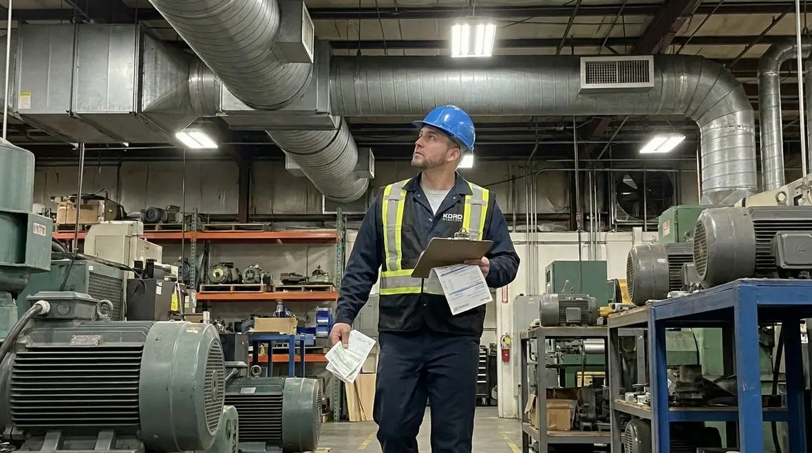 Technicians reviewing HVAC and motor performance during an industrial energy audit