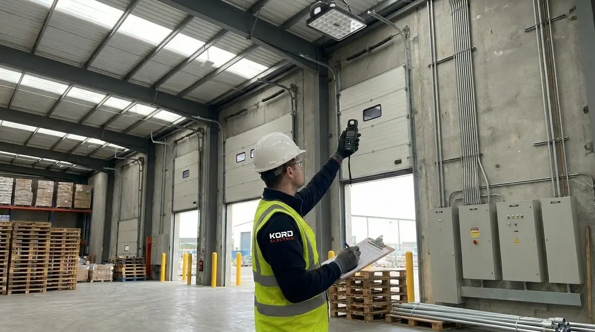 Technicians performing an industrial facility lighting audit