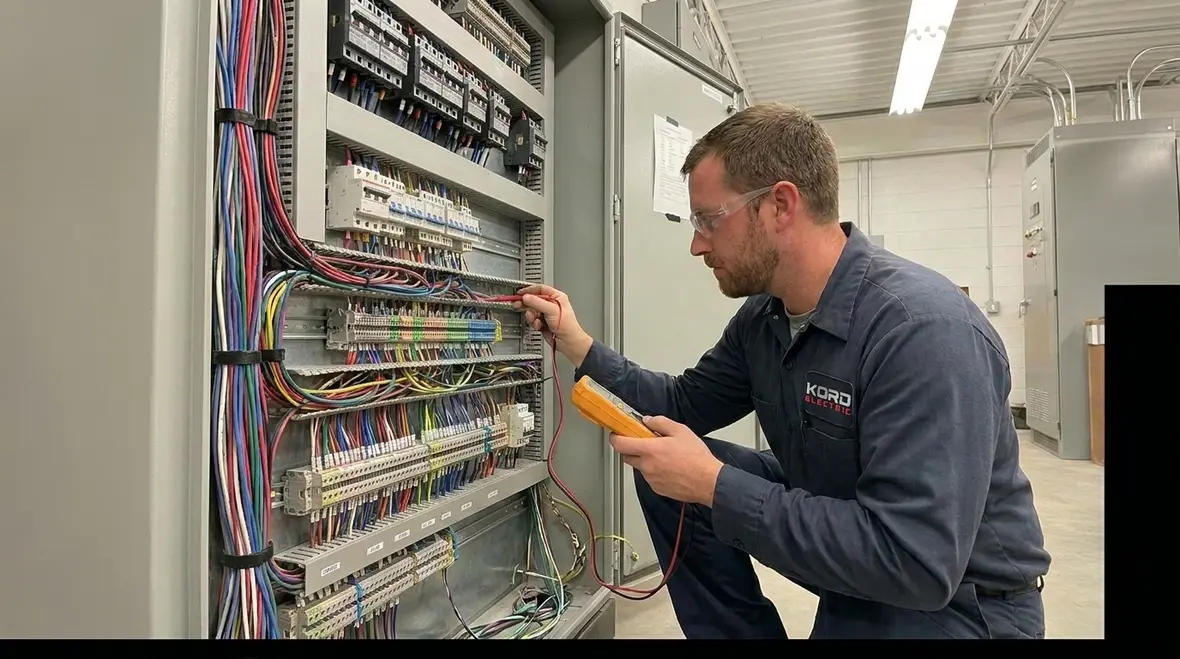 Technician inspecting industrial lighting controls and electrical panels