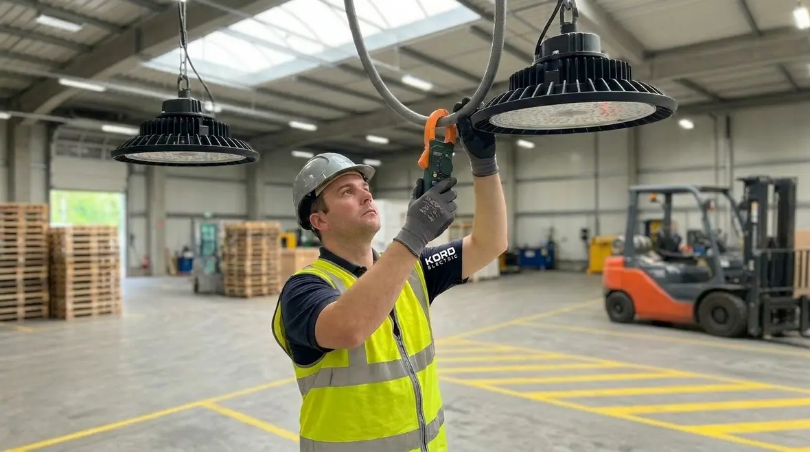 Technician performing an industrial lighting energy audit in a commercial facility