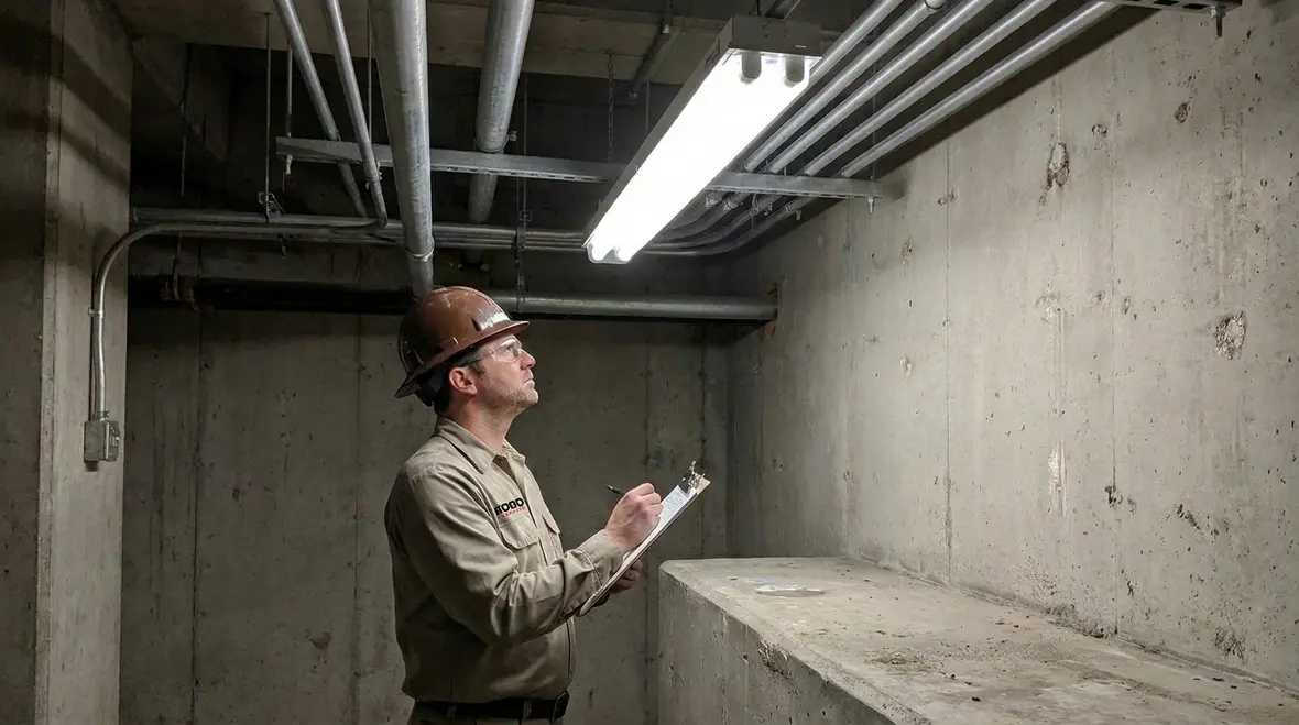 Engineer documenting lighting equipment data during an industrial energy audit