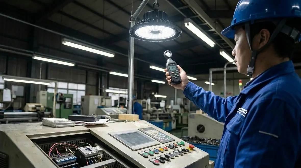 Technicians performing an industrial lighting energy efficiency audit in a large facility