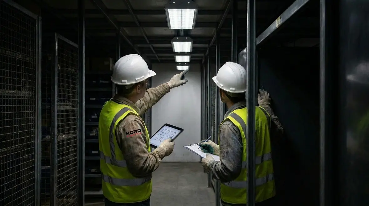 Overhead view of optimized industrial lighting layout across a production floor
