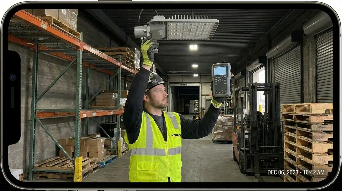 Technician reviewing industrial lighting retrofit ROI analysis in a large warehouse