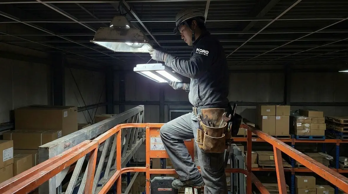 Project manager reviewing lighting retrofit rebate documentation and schedules
