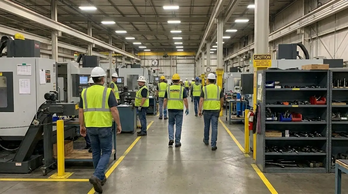 Industrial team working under upgraded LED lighting with fewer errors