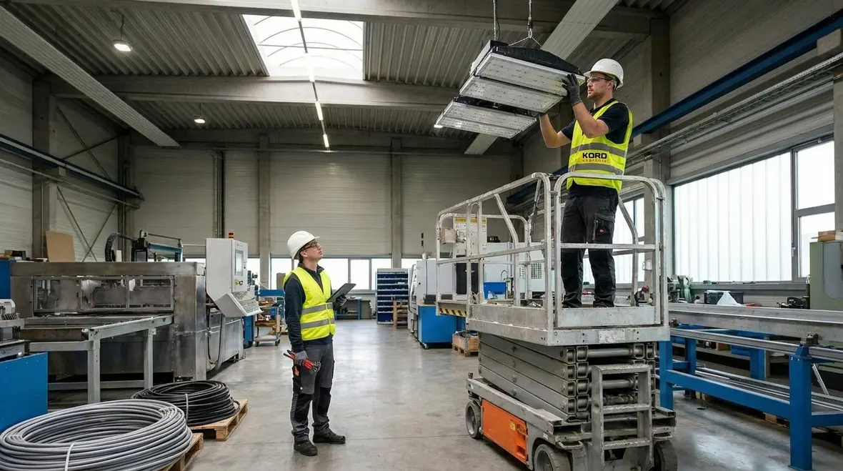 Upgraded industrial LED lighting in a modern manufacturing facility