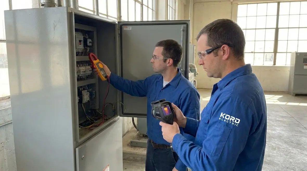 Technician performing industrial machinery wiring repair inside a control cabinet