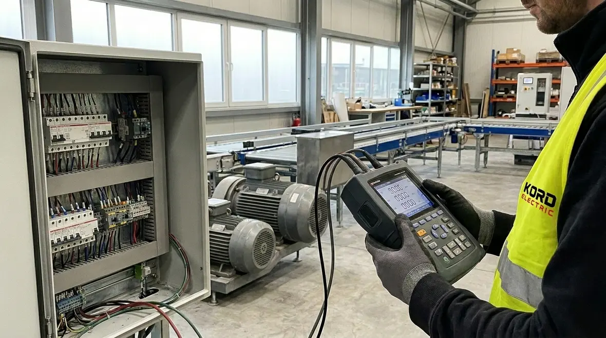 Technician performing industrial power quality analysis in a manufacturing facility
