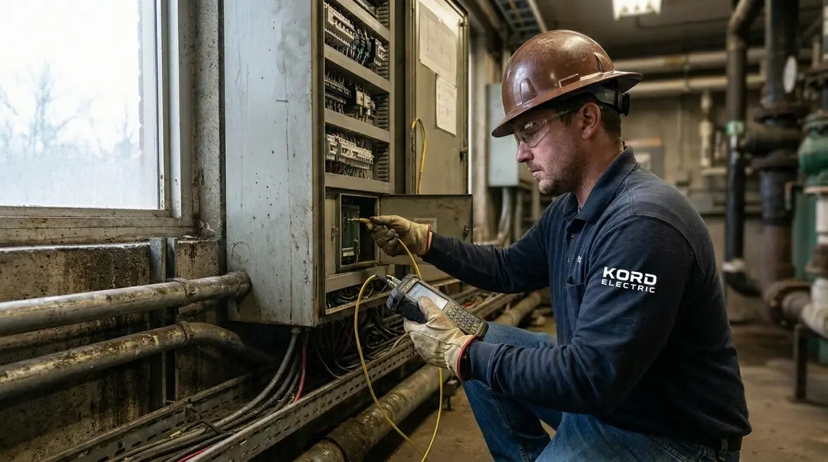 Technicians reviewing power quality data from industrial equipment