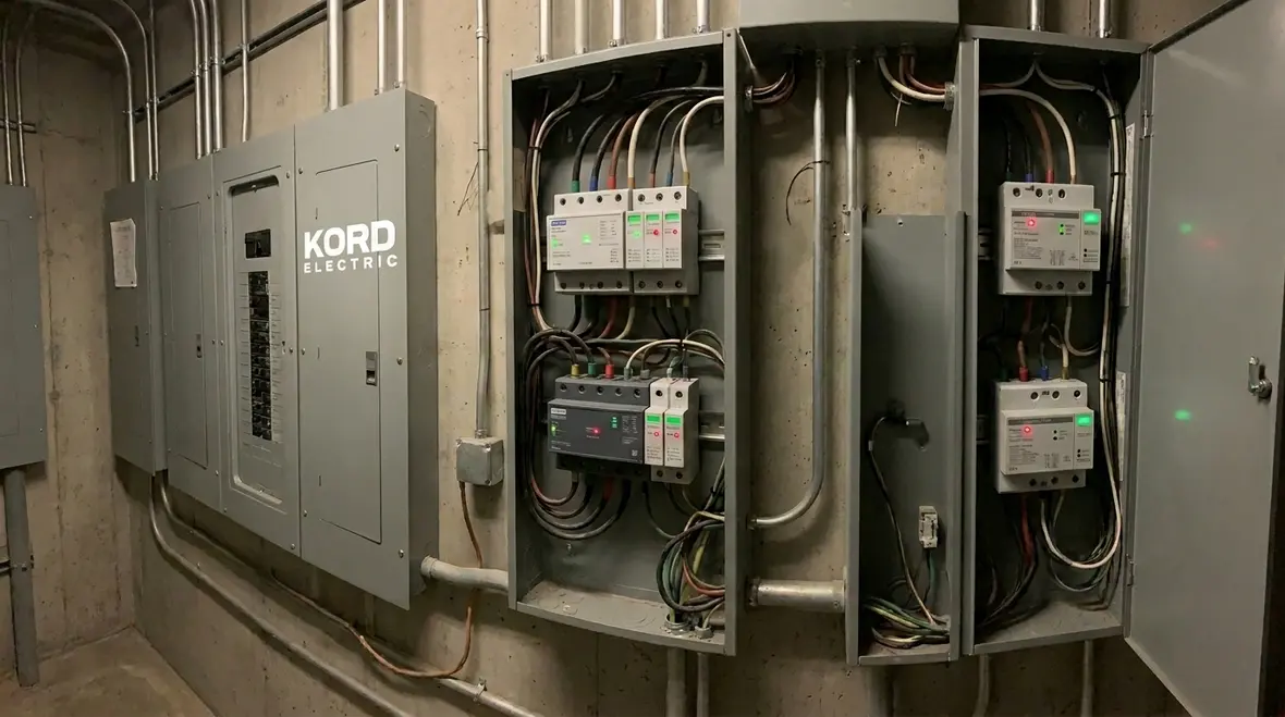 Layered industrial power surge protection design across panels