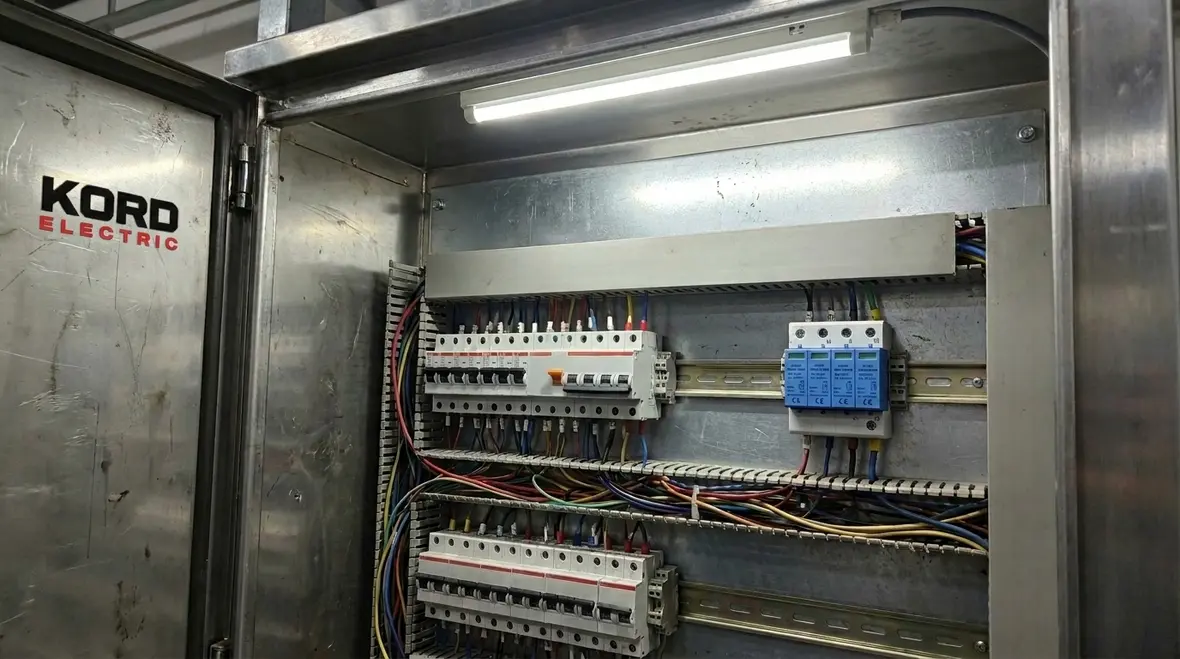 Industrial power surge protection equipment inside a commercial electrical room