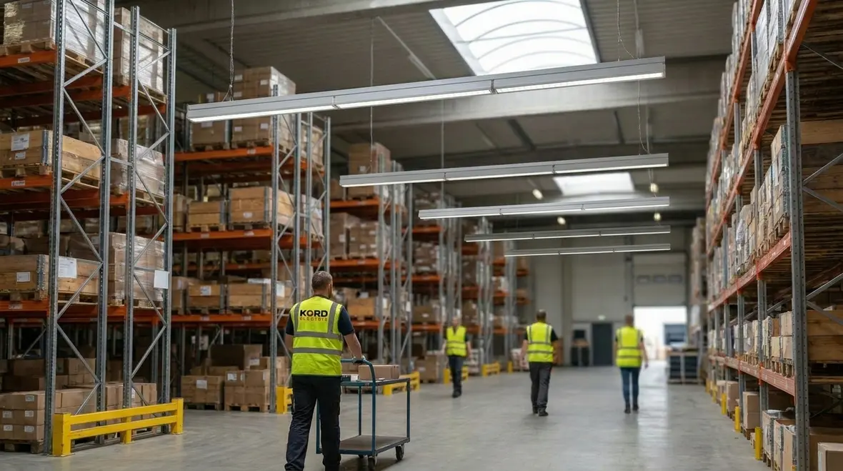 Industrial smart lighting control in a warehouse with sensors and zoned fixtures