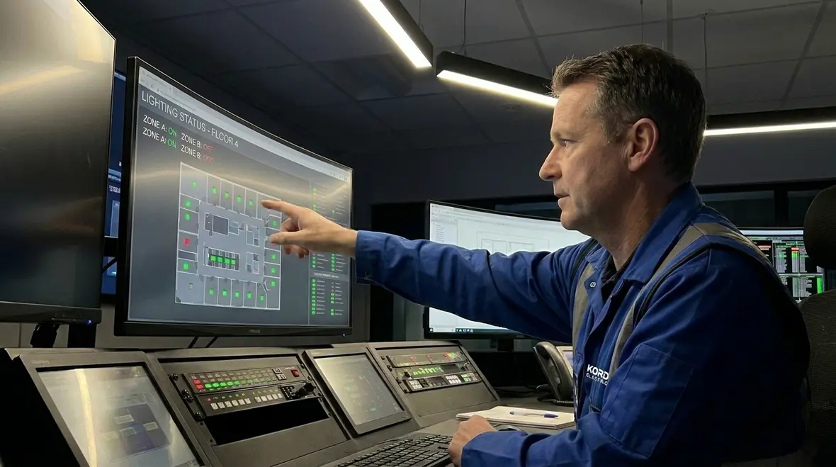 Technicians reviewing industrial smart lighting control ROI calculations