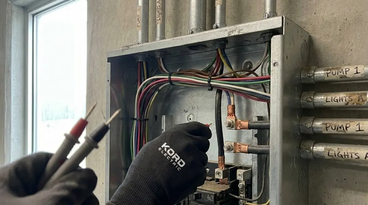 Technician inspecting an industrial subpanel for safe wiring practices