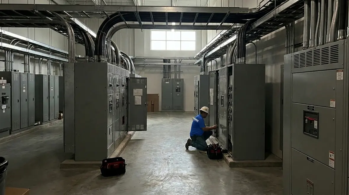 Industrial electrical room with labeled subpanels for commercial reliability