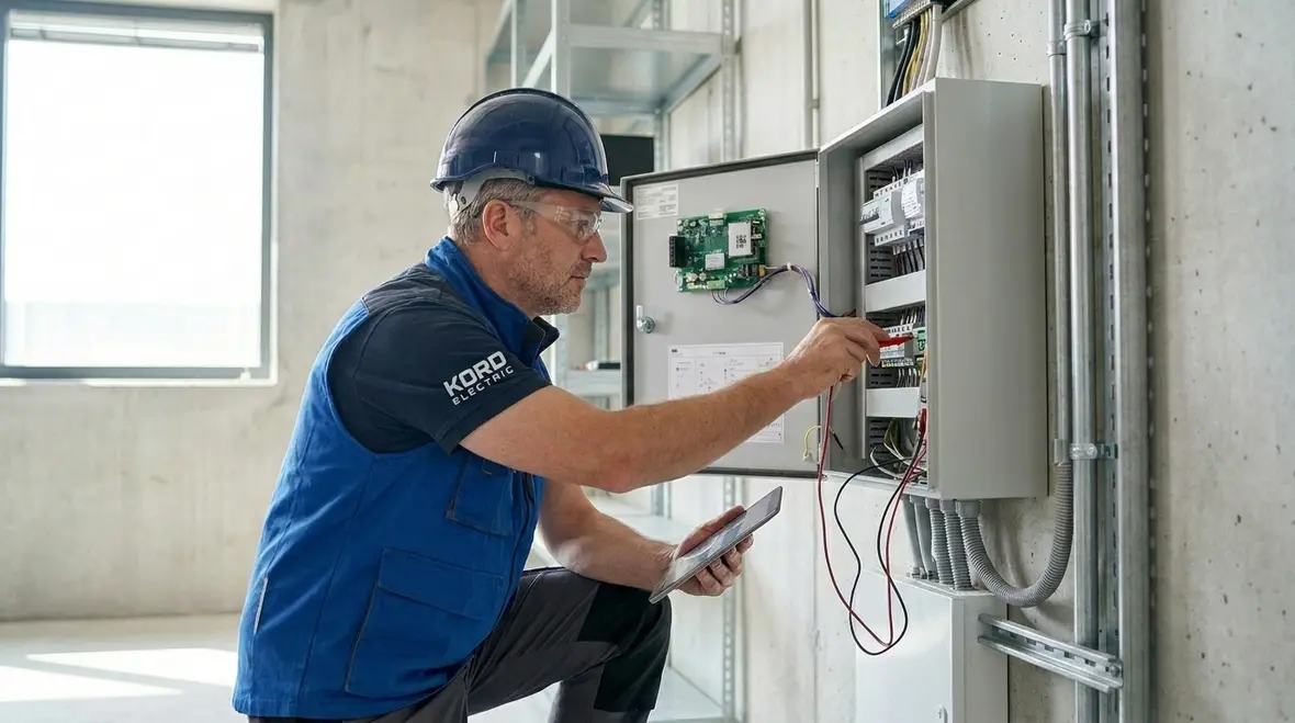 Technician reviewing a lighting automation ROI strategy for a commercial facility