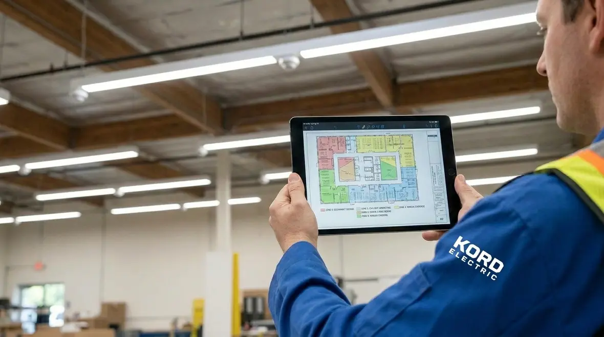 Technician configuring smart lighting control system in a warehouse