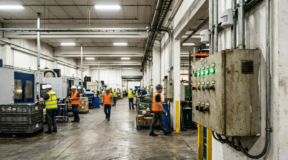 Lighting controls panel managing schedules and occupancy for a manufacturing facility