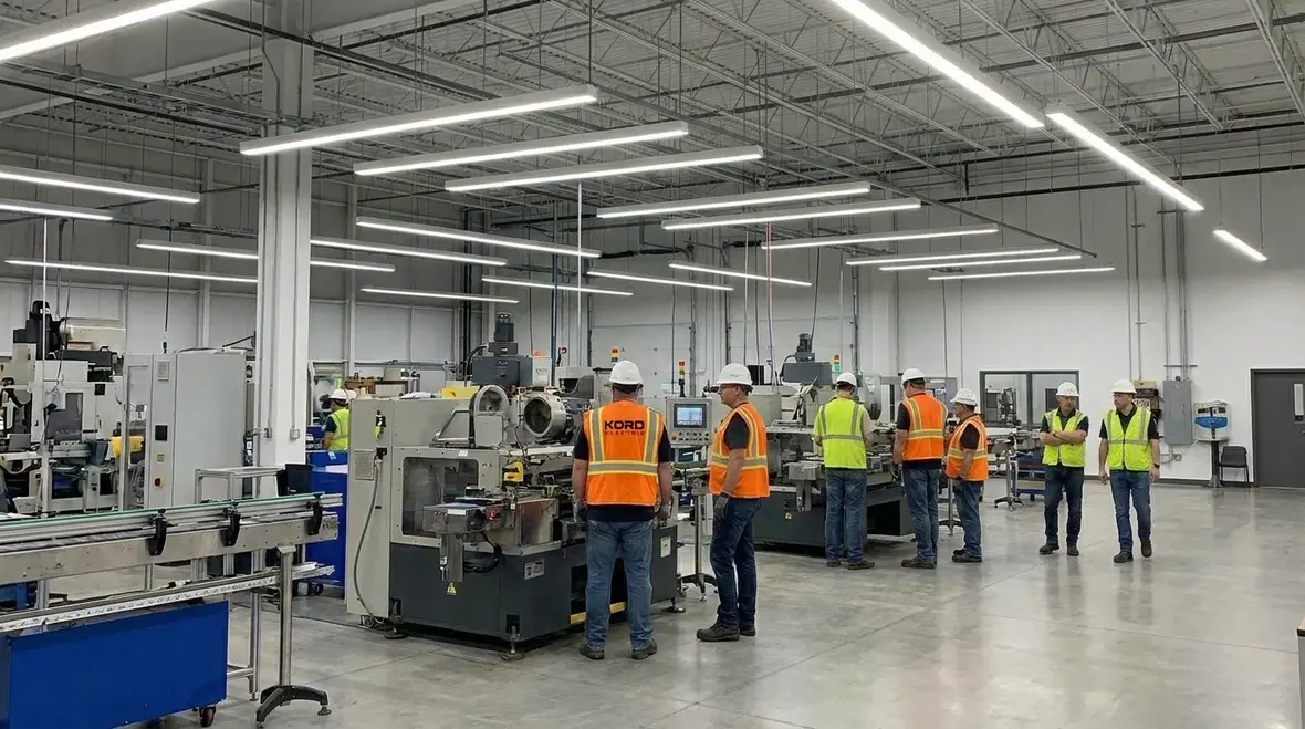 Manufacturing team working under upgraded LED lighting in a production facility