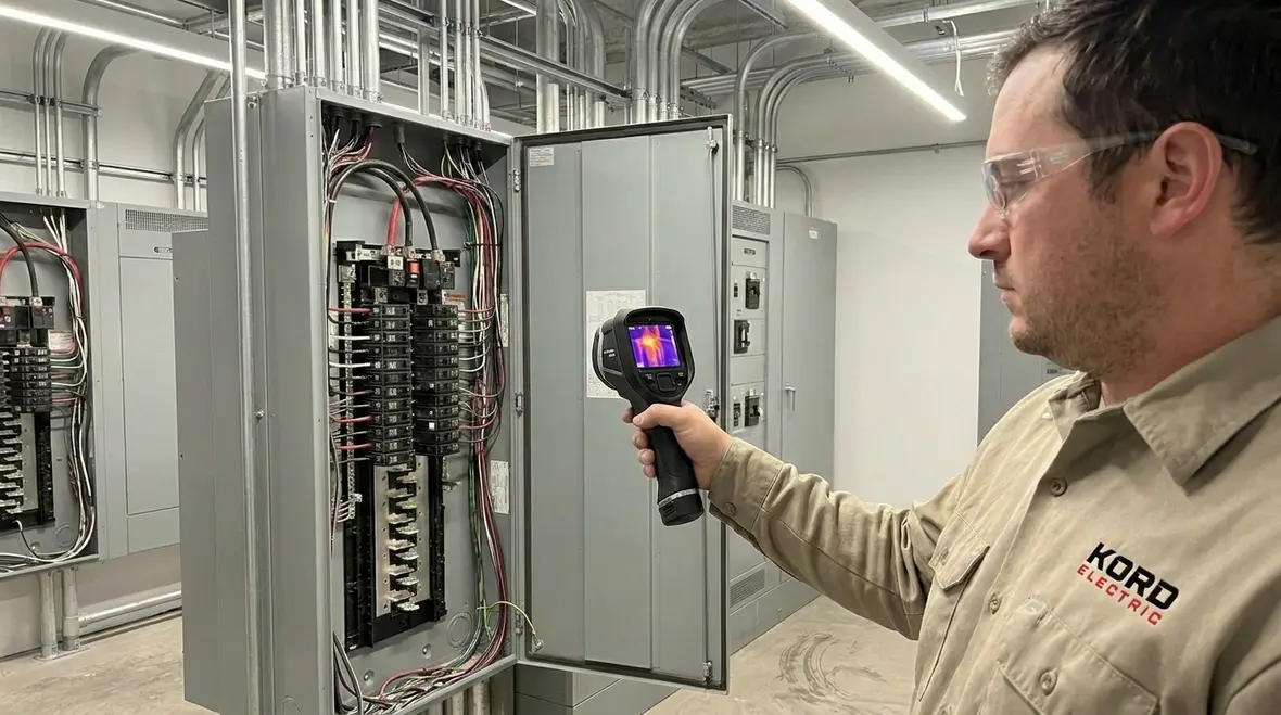 Technician inspecting commercial electrical panel to prevent fire hazards