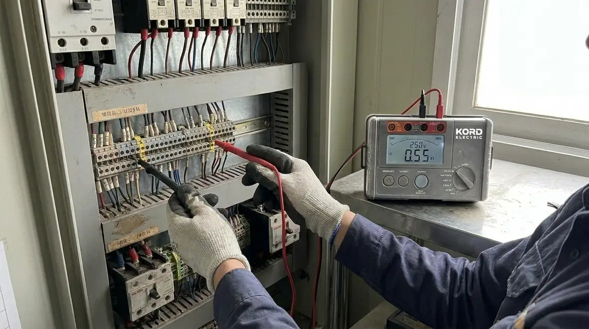 Detailed inspection of a commercial office electrical panel during maintenance