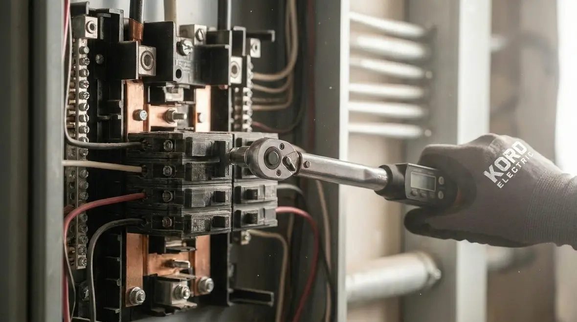 Technician performing proactive office electrical panel maintenance in a commercial building