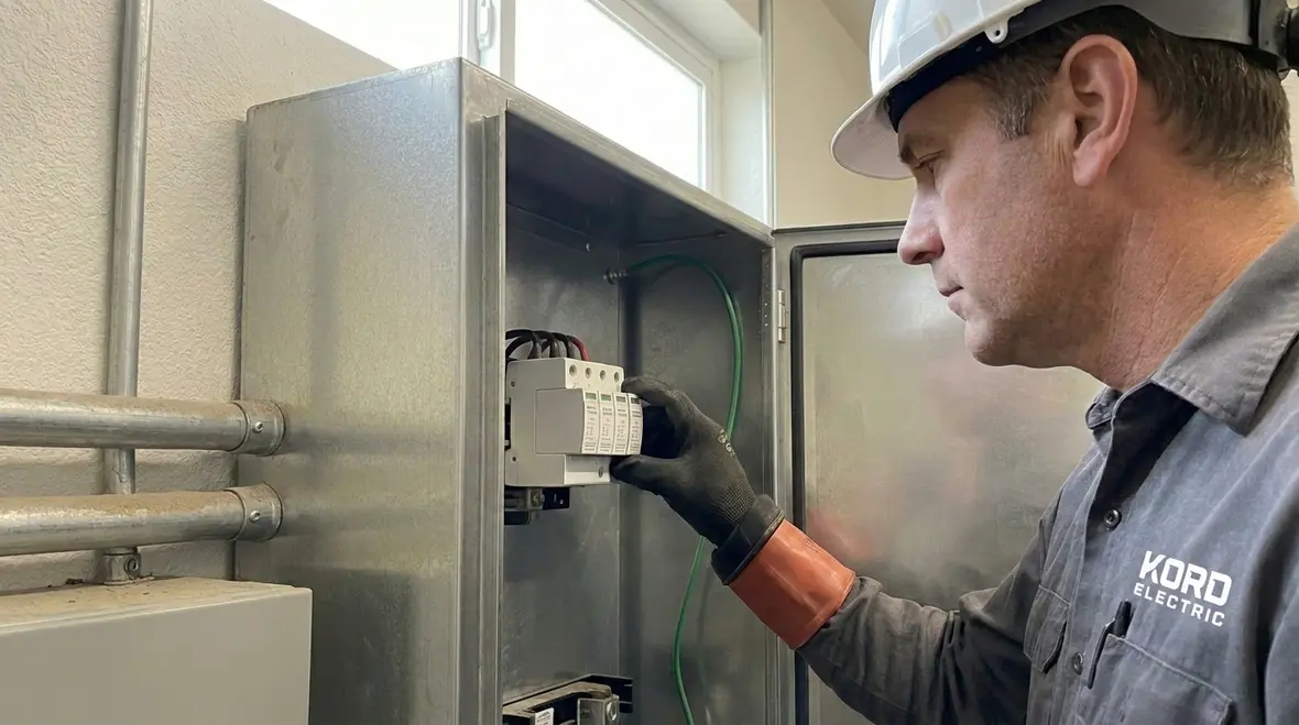 Office electrical surge protection devices installed in a commercial electrical room